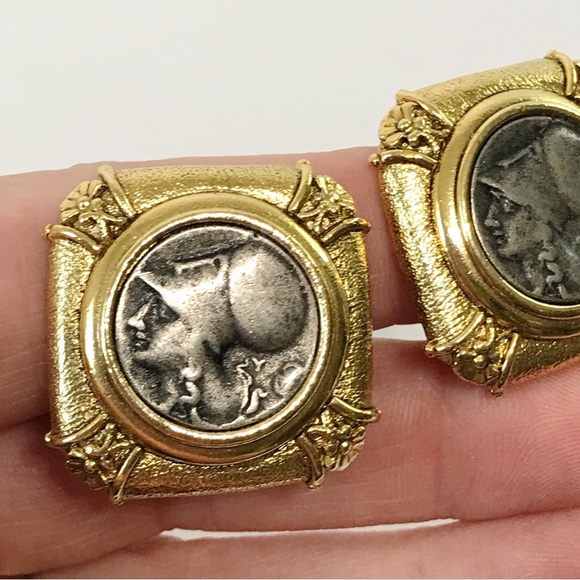 1928 Ancient Coins Framed Roman Greek Mixed Metal Gold Silver Clip On Earrings - Picture 4 of 13